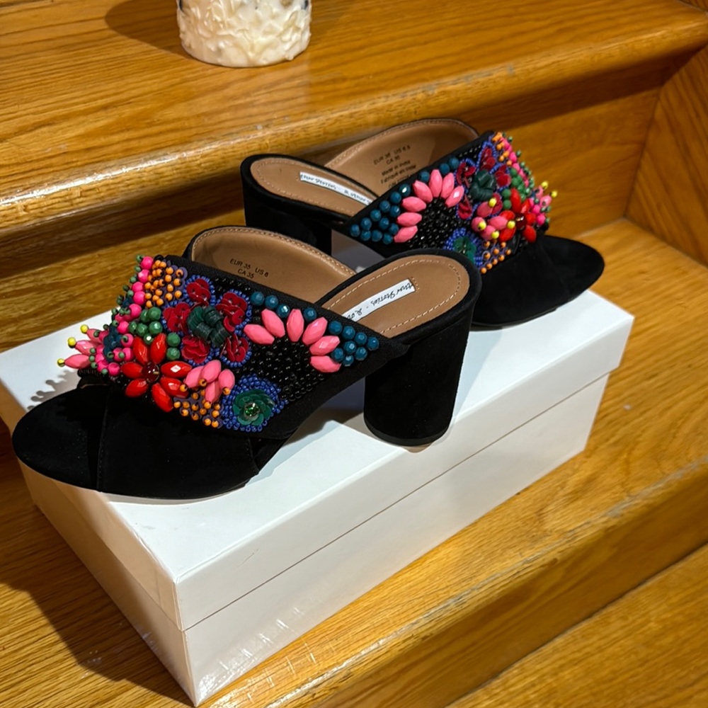 Five Stories Black and Red Floral Embellished Mules